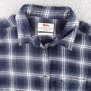 Fjallraven Ovik Flannel Shirt Women Small Navy Blue Plaid Organic Cotton 89833